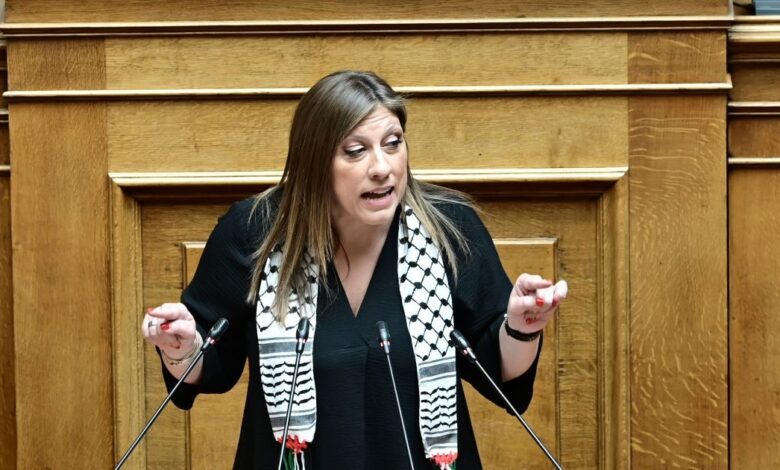 Η-Ζωή-Κωνσταντοπούλου-στη-Βουλή-με-παλαιστινιακή-μαντίλα-και-φωτογραφία-του-Γρηγόρη-Λαμπράκη