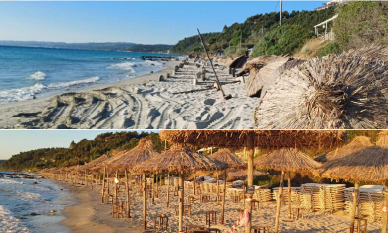 Χαλκιδική:-Απομακρύνθηκαν-700-ξαπλώστρες-και-300-ομπρέλες-από-παραλία-–-Δείτε-το-πριν-και-το-μετά