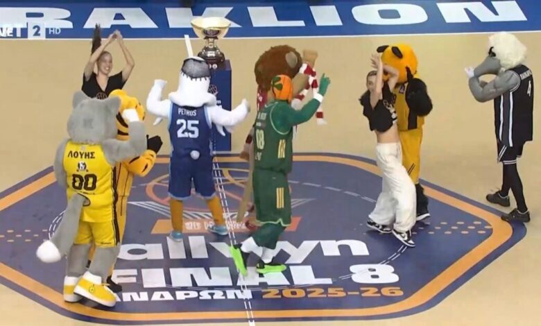 Κύπελλο-Ελλάδας:-Όλες-οι-μασκότ-του-final-8-χόρεψαν-στο-παρκέ-του-γηπέδου-στα-«Δύο-Αοράκια»