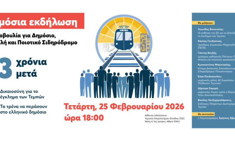 Τρία-χρόνια-μετά-το-έγκλημα-των-Τεμπών:-Εκδήλωση-της-Πρωτοβουλίας-για-Δημόσιο,-Ασφαλή-και-Ποιοτικό-Σιδηρόδρομο