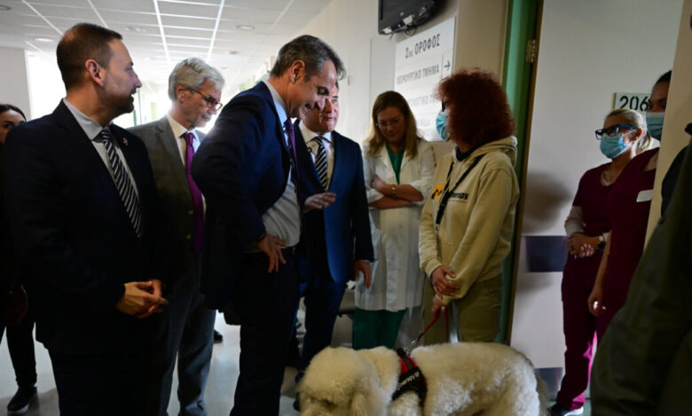 Κυριάκος-Μητσοτάκης:-Η-γνωριμία-του-πρωθυπουργού-με-σκύλο-θεραπείας-στο-νοσοκομείο-«Μεταξά»