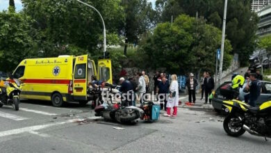 Τροχαίο-στη-Θεσσαλονίκη:-Σφοδρή-σύγκρουση-μεταξύ-δύο-μηχανών-και-αυτοκινήτου,-2-σοβαρά-τραυματίες