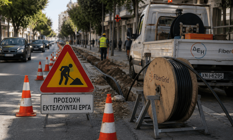 Τρίκαλα:-Στένωση-της-Ασκληπιού-για-έργα-οπτικών-ινών
